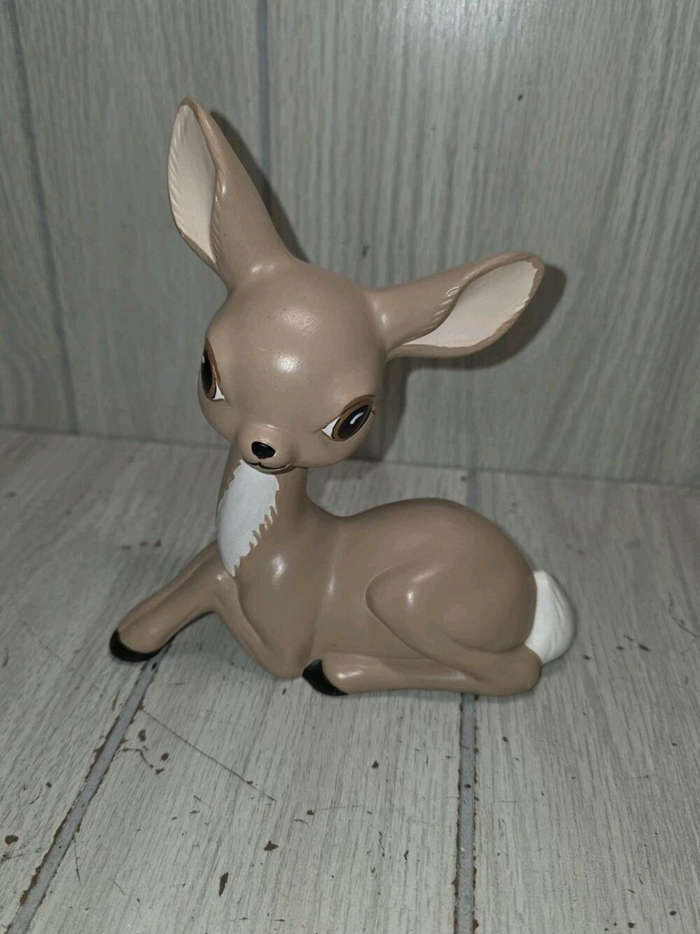 Vintage Big Eyed Deer Figurine Ceramic Fawn Laying Down 6” Cute Kitschy